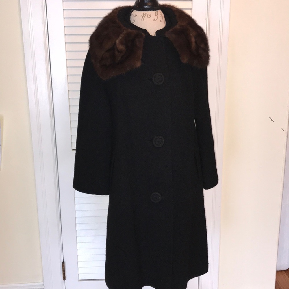 Vintage wool fur collar coat s/m black classy